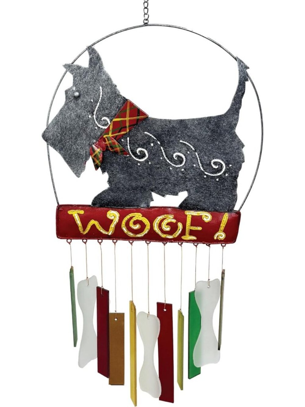 Handcrafted Blue Glass Wind Chime with Angus Scottie Dog Design - Unique Home